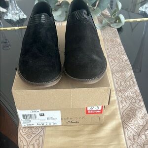 Clarks Black Suede Slip-On Loafers with Textured Vamp